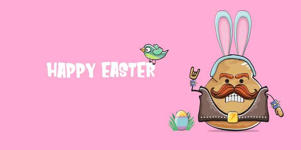 Vector rock star easter potato funny cartoon character with blue easter bunny Stock Illustration