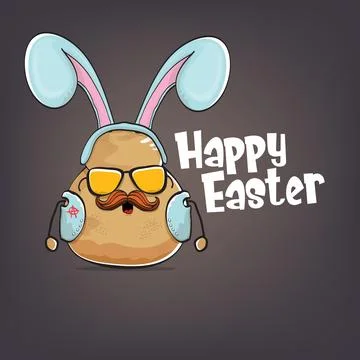 Vector rock star happy easter potato funny cartoon character with blue bunny Stockillustratie
