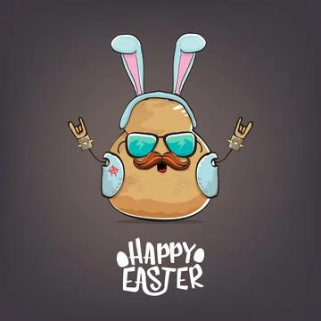 Vector rock star happy easter potato funny cartoon character with blue bunny Stockillustratie