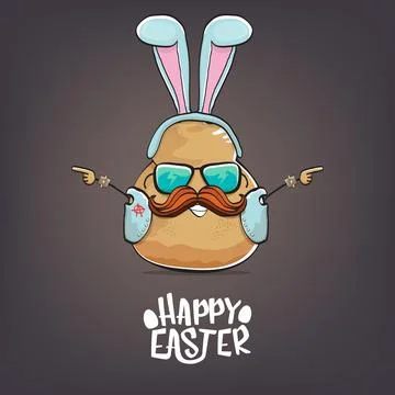 Vector rock star happy easter potato funny cartoon character with blue bunny Stockillustratie
