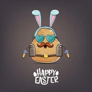 Vector rock star happy easter potato funny cartoon character with blue bunny Stock Illustration