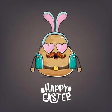 Vector rock star happy easter potato funny cartoon character with blue bunny Stockillustratie