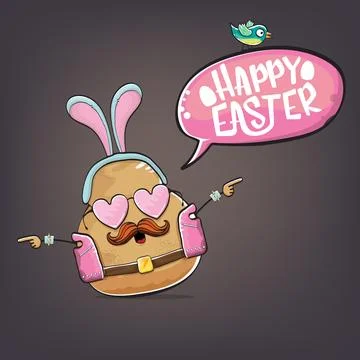 Vector rock star happy easter potato funny cartoon character with blue bunny Illustrazione stock