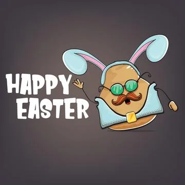 Vector rock star happy easter potato funny cartoon character with blue bunny Stockillustratie