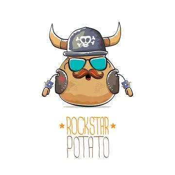 Vector rock star potato funny cartoon cute character with viking helmet, leather Stock Illustration