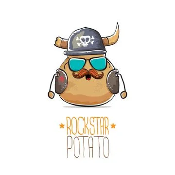 Vector rock star potato funny cartoon cute character with viking helmet, leather Stock Illustration