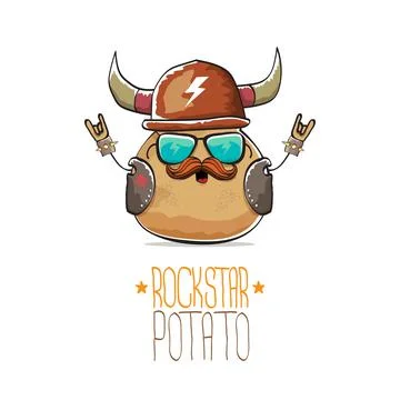 Vector rock star potato funny cartoon cute character with viking helmet, leather Stock Illustration
