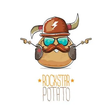 Vector rock star potato funny cartoon cute character with viking helmet, leather Stock Illustration