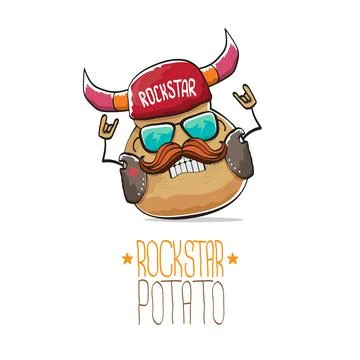 Vector rock star potato funny cartoon cute character with viking helmet, leather Stock Illustration