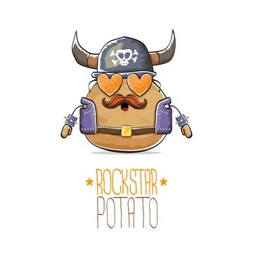 Vector rock star potato funny cartoon cute character with viking helmet, leather Stock Illustration