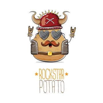 Vector rock star potato funny cartoon cute character with viking helmet, leather Stock Illustration