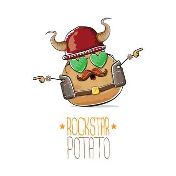 Vector rock star potato funny cartoon cute character with viking helmet, leather Stock Illustration