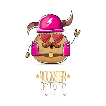 Vector rock star potato funny cartoon cute character with viking helmet, leather Stock Illustration
