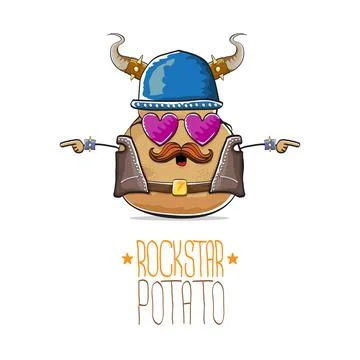 Vector rock star potato funny cartoon cute character with viking helmet, leather Stock Illustration