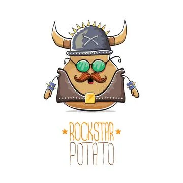 Vector rock star potato funny cartoon cute character with viking helmet, leather Stock Illustration