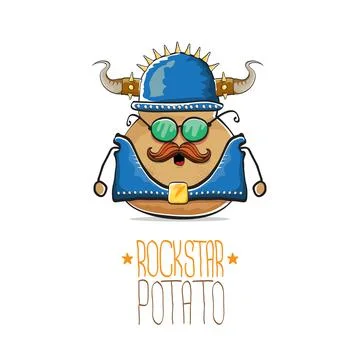 Vector rock star potato funny cartoon cute character with viking helmet, leather Stock Illustration