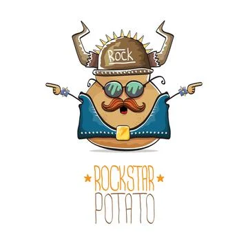 Vector rock star potato funny cartoon cute character with viking helmet, leather Stock Illustration