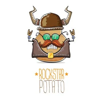 Vector rock star potato funny cartoon cute character with viking helmet, leather Stock Illustration
