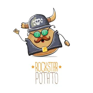 Vector rock star potato funny cartoon cute character with viking helmet, leather Stock Illustration