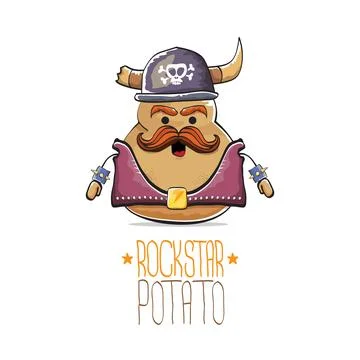 Vector rock star potato funny cartoon cute character with viking helmet, leather Stock Illustration