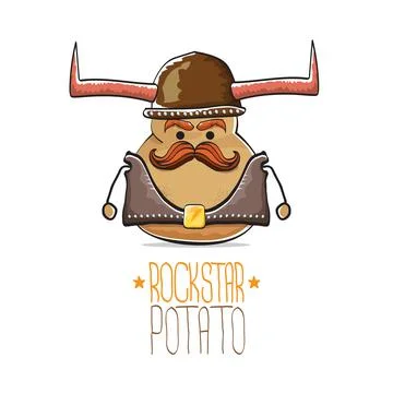 Vector rock star potato funny cartoon cute character with viking helmet, leather Stock Illustration