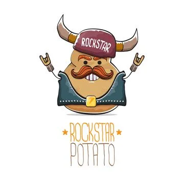 Vector rock star potato funny cartoon cute character with viking helmet, leather Stock Illustration