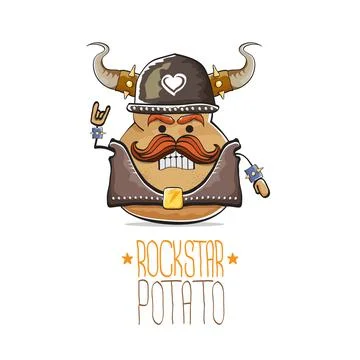 Vector rock star potato funny cartoon cute character with viking helmet, leather Stock Illustration