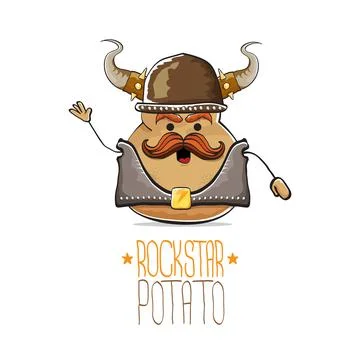 Vector rock star potato funny cartoon cute character with viking helmet, leather Stock Illustration