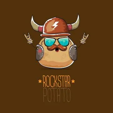 Vector rock star potato funny cartoon cute character with viking helmet, leather Stock Illustration