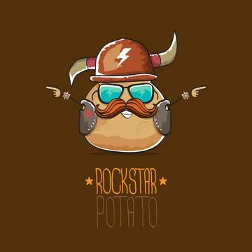 Vector rock star potato funny cartoon cute character with viking helmet, leather Stock Illustration