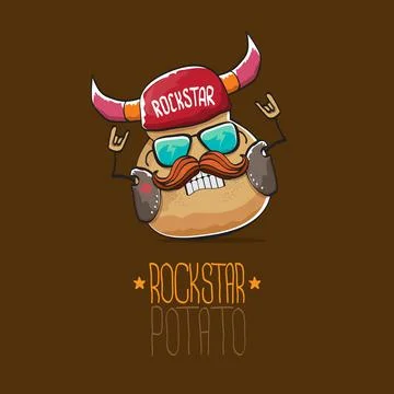 Vector rock star potato funny cartoon cute character with viking helmet, leather Stock Illustration