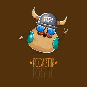 Vector rock star potato funny cartoon cute character with viking helmet, leather Stock Illustration