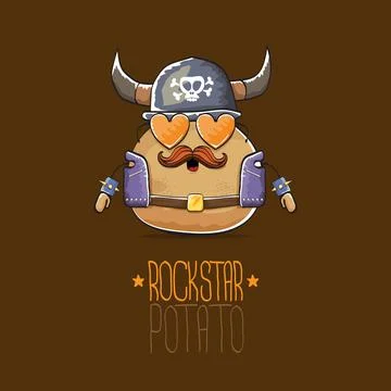 Vector rock star potato funny cartoon cute character with viking helmet, leather Stock Illustration