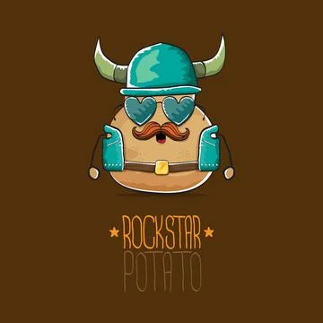 Vector rock star potato funny cartoon cute character with viking helmet, leather Stock Illustration