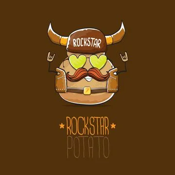 Vector rock star potato funny cartoon cute character with viking helmet, leather Stock Illustration