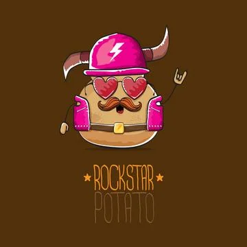 Vector rock star potato funny cartoon cute character with viking helmet, leather Stock Illustration