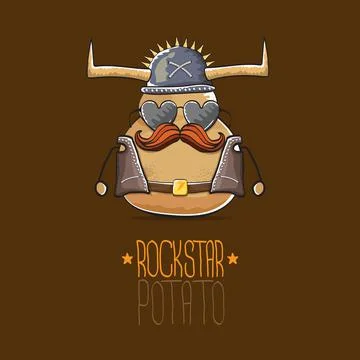 Vector rock star potato funny cartoon cute character with viking helmet, leather Stock Illustration