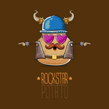 Vector rock star potato funny cartoon cute character with viking helmet, leather Stock Illustration
