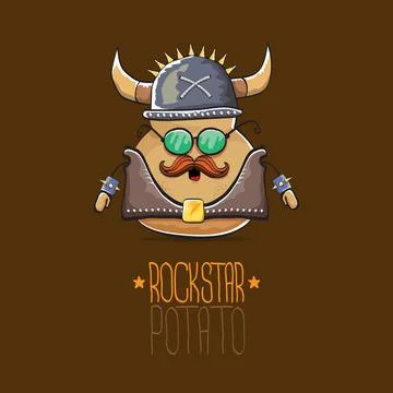 Vector rock star potato funny cartoon cute character with viking helmet, leather Stock Illustration