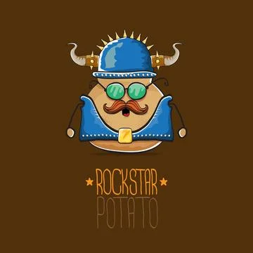 Vector rock star potato funny cartoon cute character with viking helmet, leather Stock Illustration