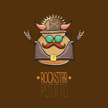 Vector rock star potato funny cartoon cute character with viking helmet, leather Stock Illustration