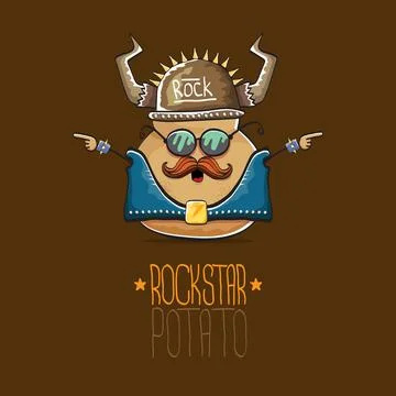 Vector rock star potato funny cartoon cute character with viking helmet, leather Stock Illustration