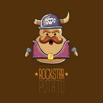 Vector rock star potato funny cartoon cute character with viking helmet, leather Stock Illustration
