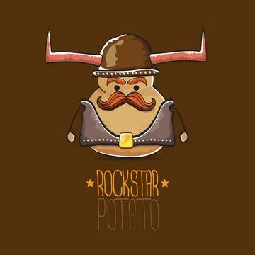 Vector rock star potato funny cartoon cute character with viking helmet, leather Stock Illustration