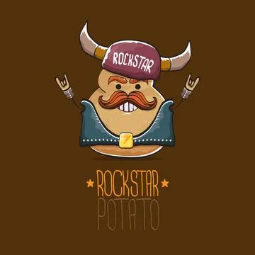 Vector rock star potato funny cartoon cute character with viking helmet, leather Stock Illustration