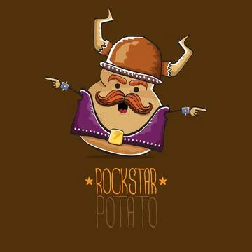 Vector rock star potato funny cartoon cute character with viking helmet, leather Stock Illustration