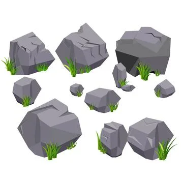 Vector rock stone and grass set variety shape for cartoon. Stones and rocks Stock Illustration