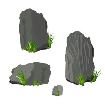 Vector rock stone and grass set cartoon. Stones and rocks in isometric 3d Stock Illustration
