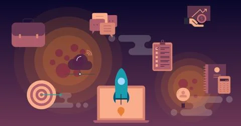 Vector rocket flying to space above clouds with technology icons. Stock Illustration