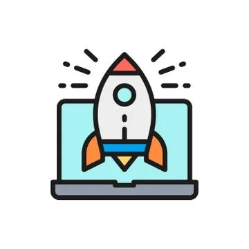 Vector rocket launch from laptop, startup flat color line icon. Stock Illustration